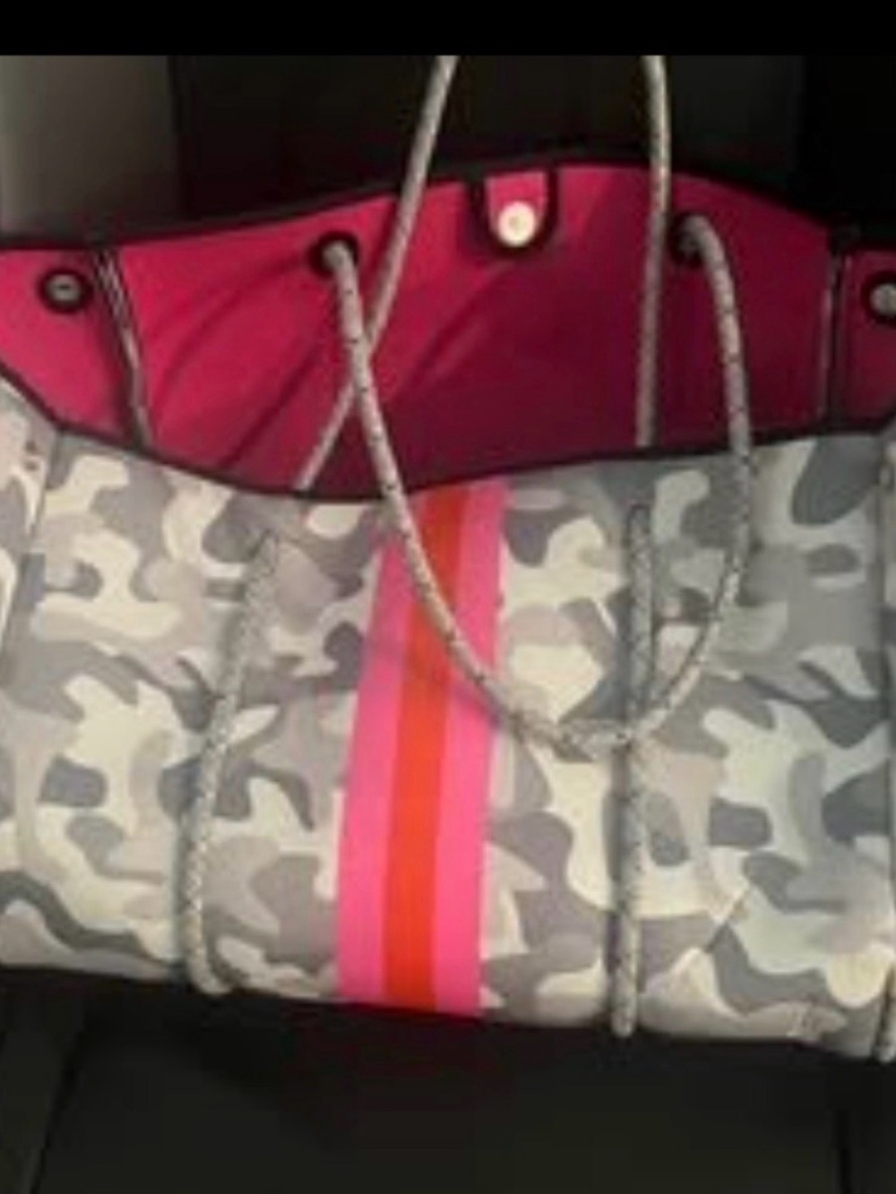 Gray Camo Tote with Pink & Orange Stripe